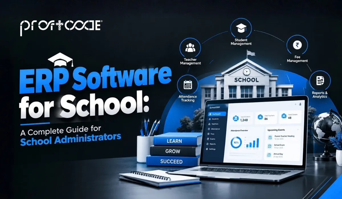 School ERP software dashboard showing student management, attendance, fee management, and academic reports.